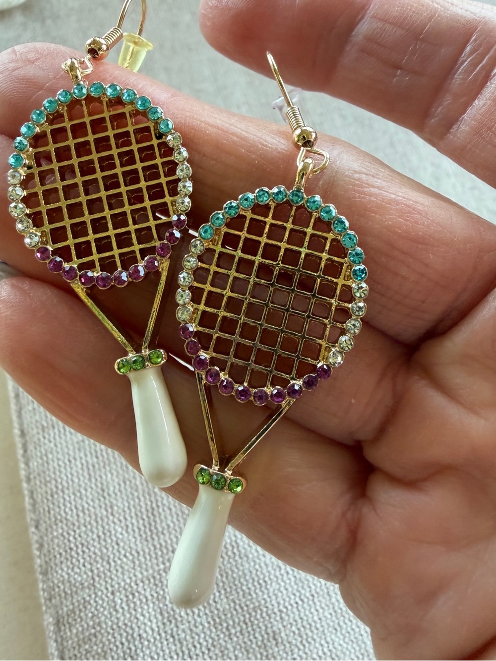 Gold-Tone Multicolor Crystal Tennis Racket Dangle Earrings - Unbranded-